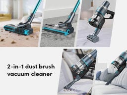 Several shots of blue and grey vacuum cleaner working on car seat, floor, bed, and couch