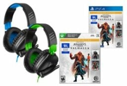 turtle beach recon 70 headsets next to xbox and playstation copies of 'Assassin’s Creed Valhalla' Ragnarök Edition