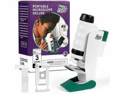 White and green microscope with slides and box