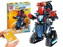 Blue, black, and red robot with controller app on phone and box