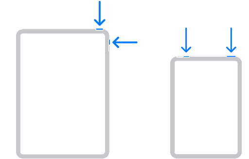 Arrows indicating the top right and volume buttons to press on iPad for screenshotting.