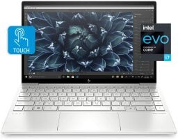 intel evo silver laptop with blue flower background and touchscreen callout