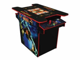 Arcade game table with joystick and controls on both sides and tabletop screen