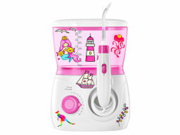 Pink and white water tank with mermaid motif, with pink and white water flosser attached