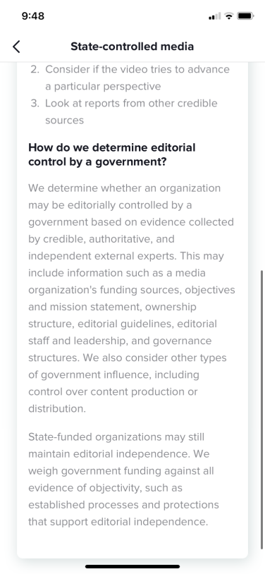 A screenshot of TikTok shows an information portal for state-controlled media.