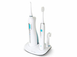 White stand with water flosser, electric toothbrush, and two spare brush heads