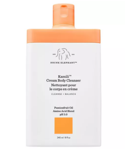 body wash in white and orange bottle on white background