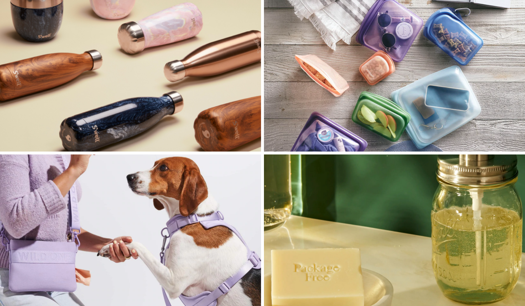 collage of product photos of stainless steel water bottles, colorful silicone bags, a person and a dog, bar of soap and mason jar