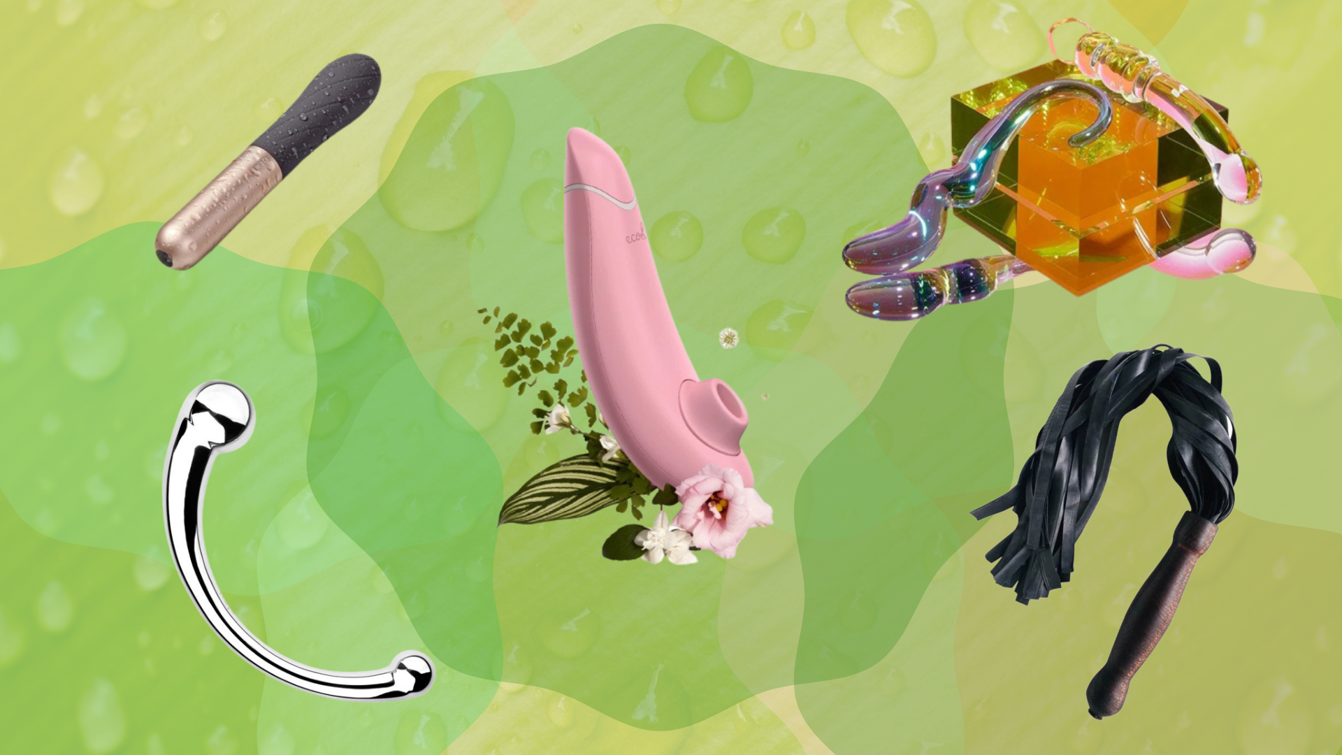 five sex toys on a green background