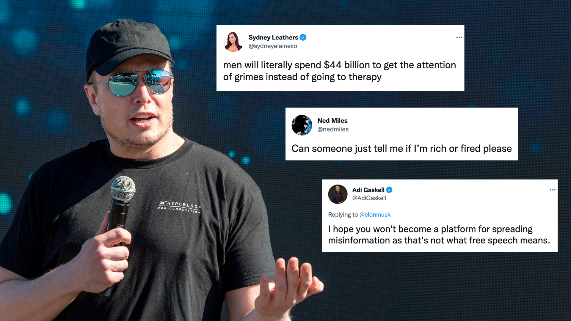 A photo of Elon Musk in sunglasses and speaking into a microphone. Screenshots of tweets featured in this article have been layered on top,