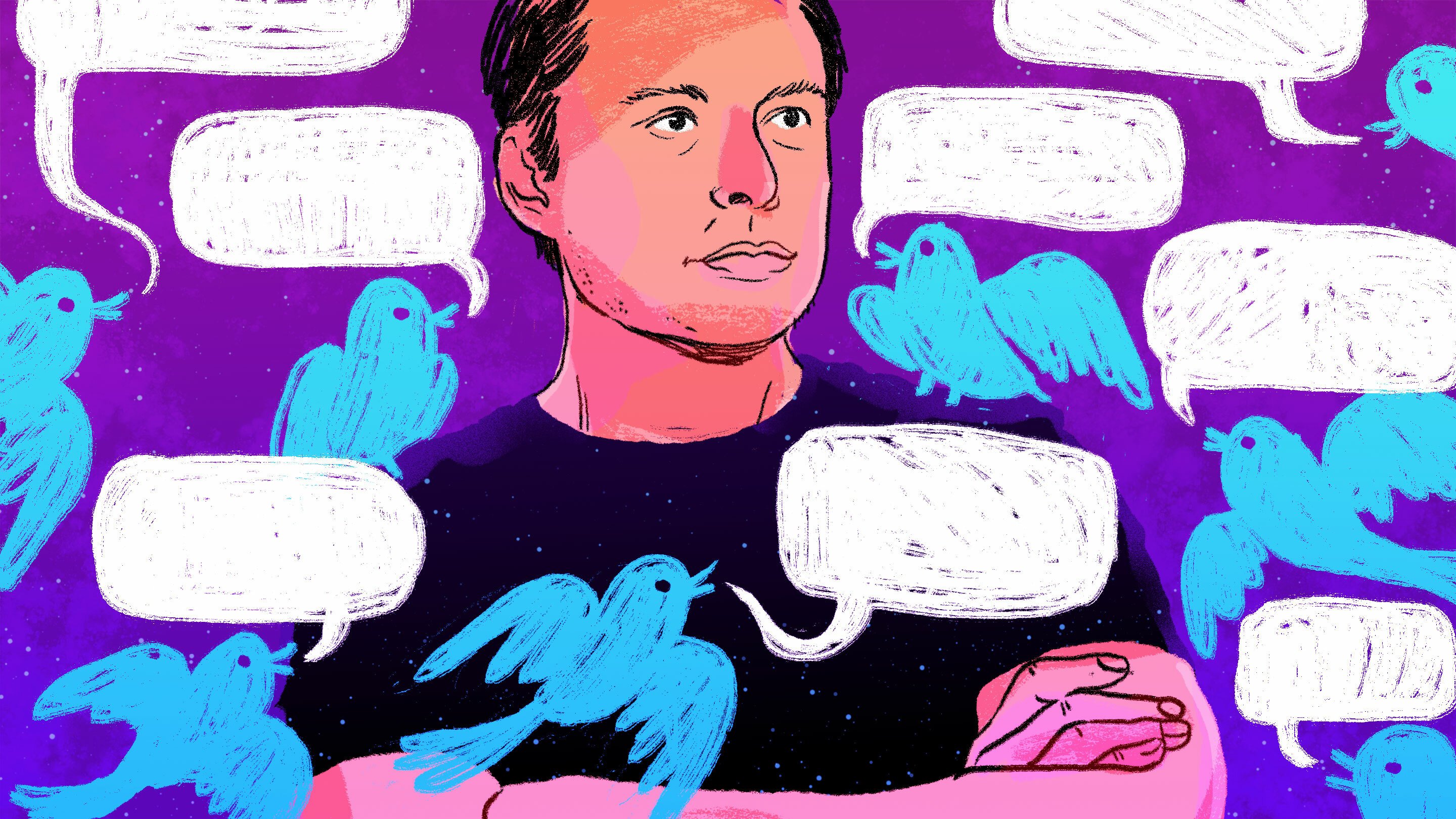 Illustration of Elon Musk with blue Twitter birds flying around his head.