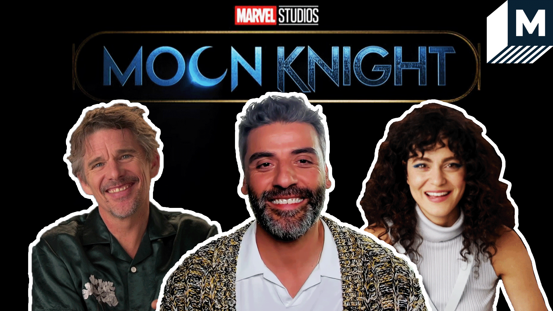 Oscar Isaac, Ethan Hawke, May Calamawy smiling in front of the 'Moon Knight' logo