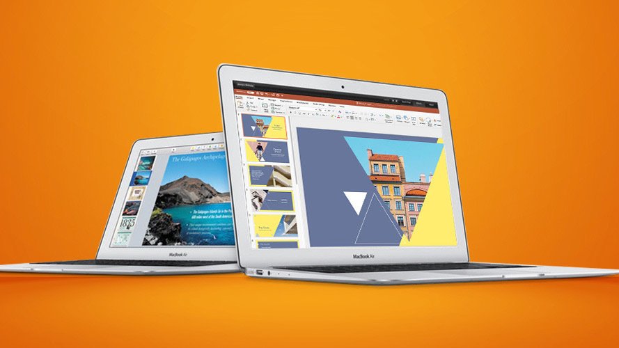 Two laptops showing powerpoint screen over orange background