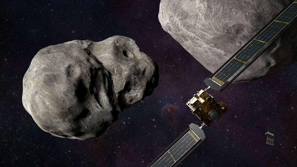 the DART spacecraft approaching two asteroids