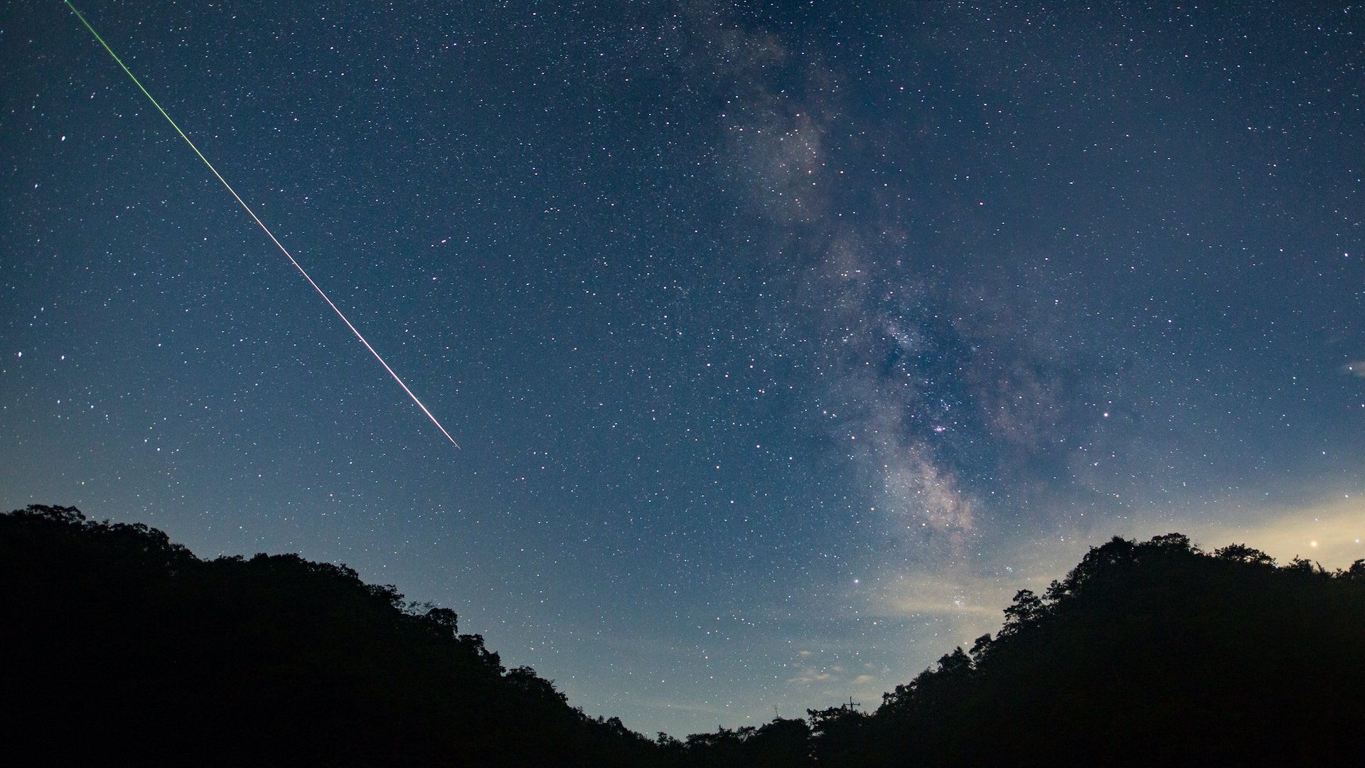 Treetops and a starry night sky with the bright streak of a meteorite cutting through.