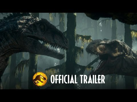 Two large dinosaurs in a forest.
