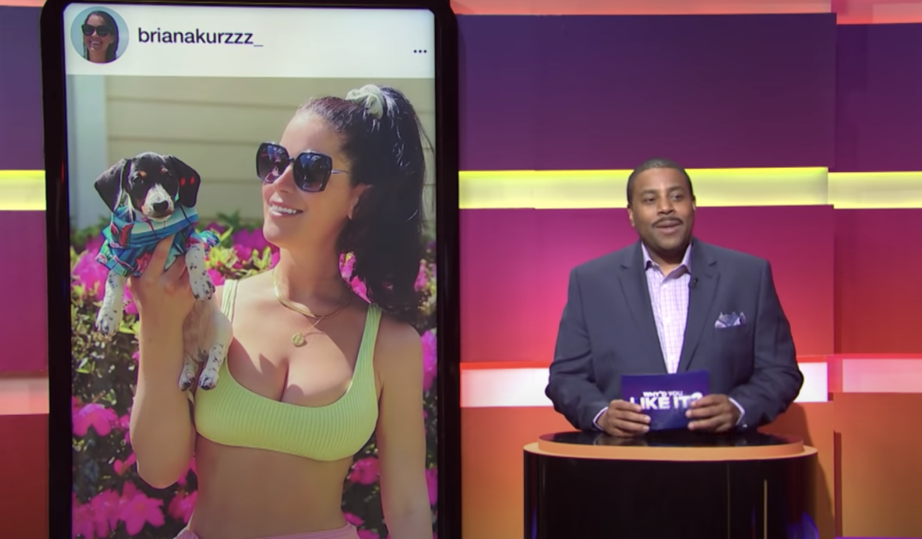 woman on instagram, man hosting gameshow
