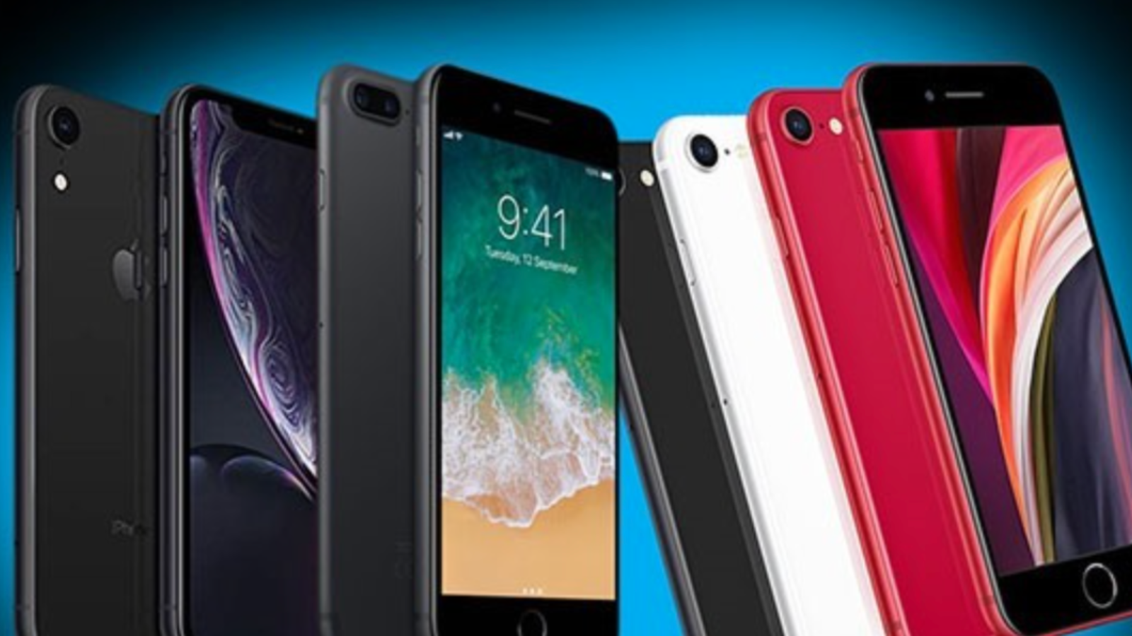 8 refurbished iphones lined up next to each other on a blue gradient background