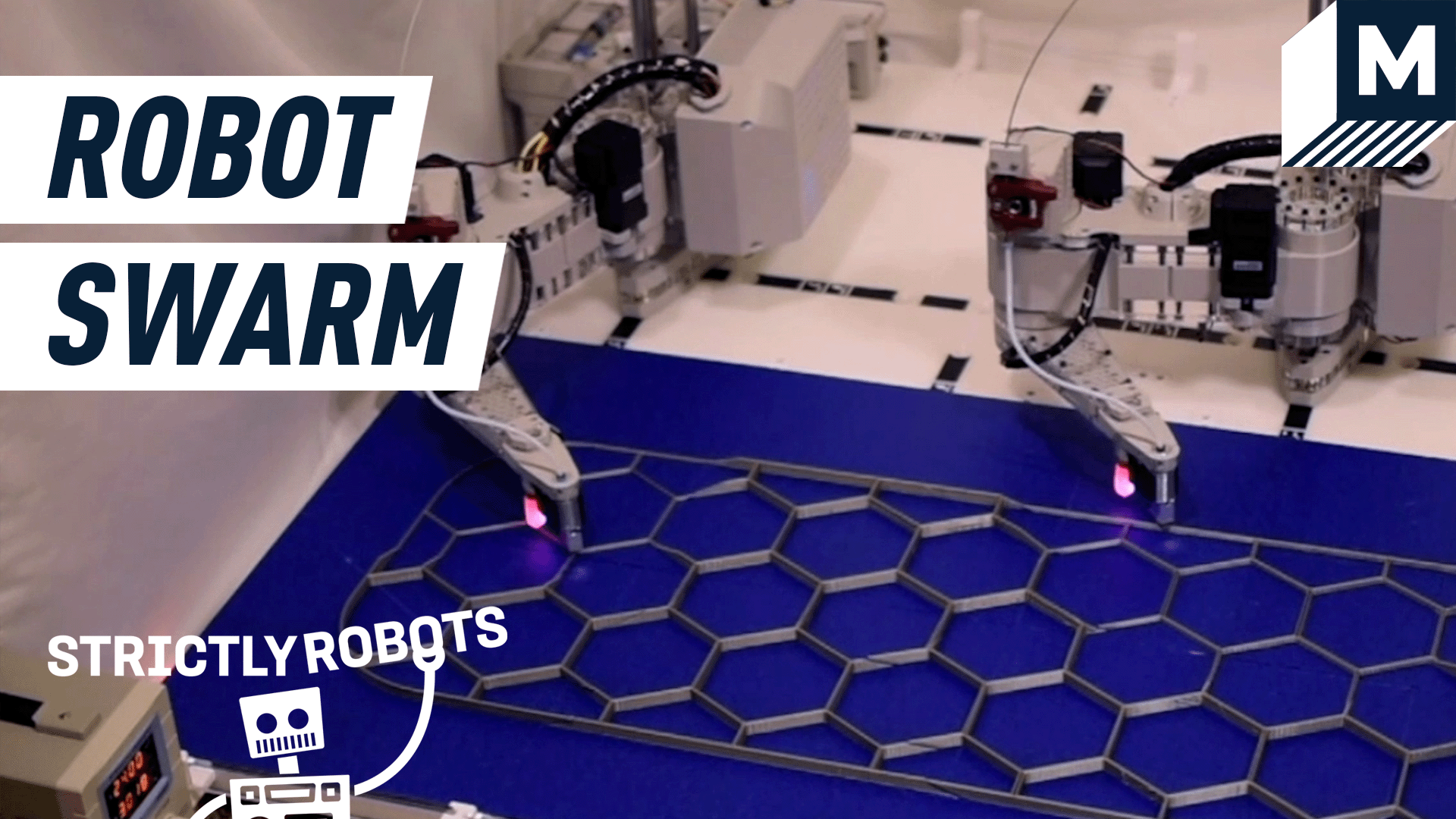 3D-printing robots working together to build a honeycomb shaped structure.