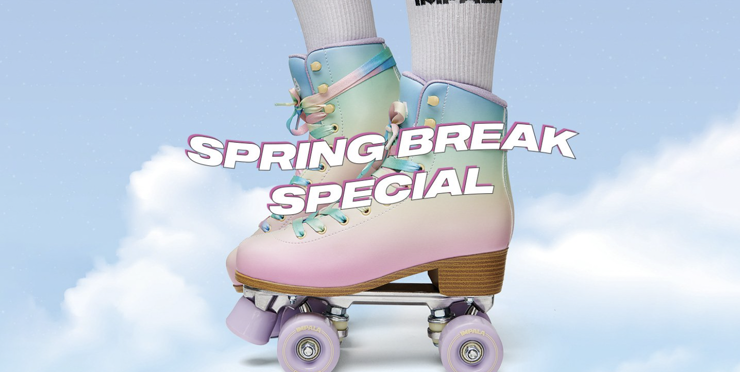 a close-up shot of pastel roller skates against a cloud background with overlaid text that reads 