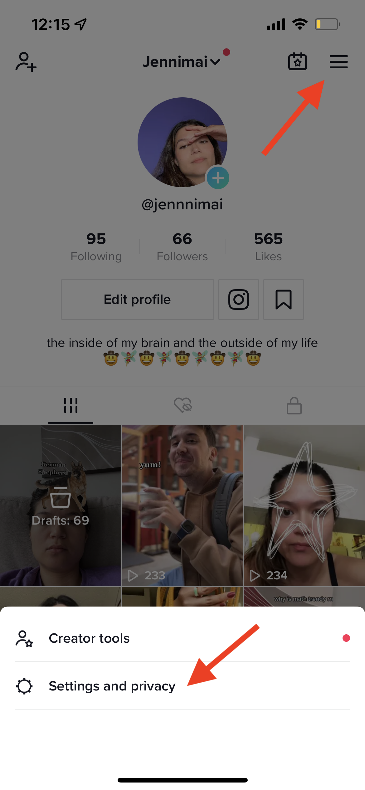 TikTok profile with red arrows pointing to the three bars in upper left corner and button with "Settings and privacy."