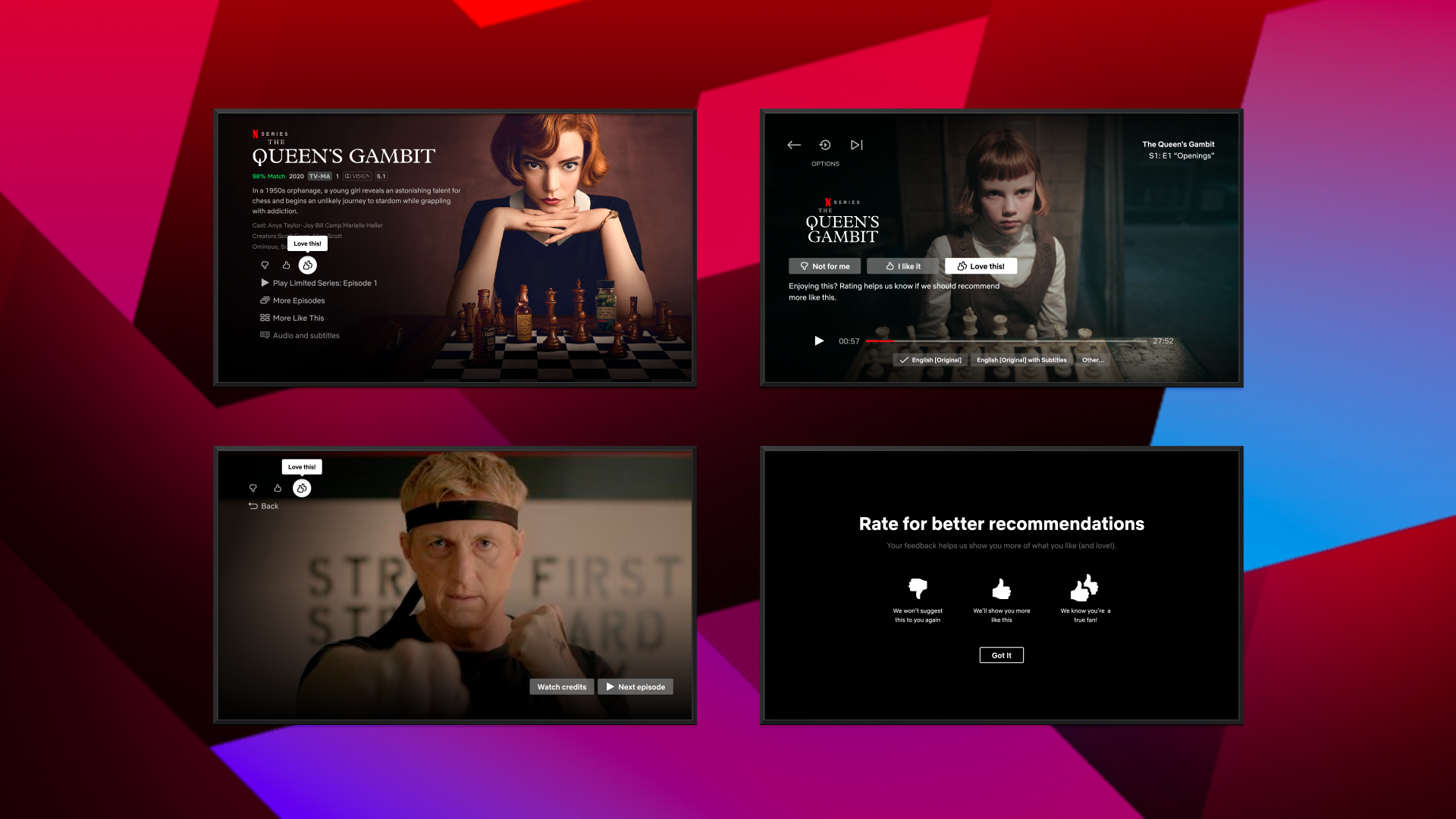 Four screenshots of Netflix, each showing the "Two Thumbs Up" rating option. 