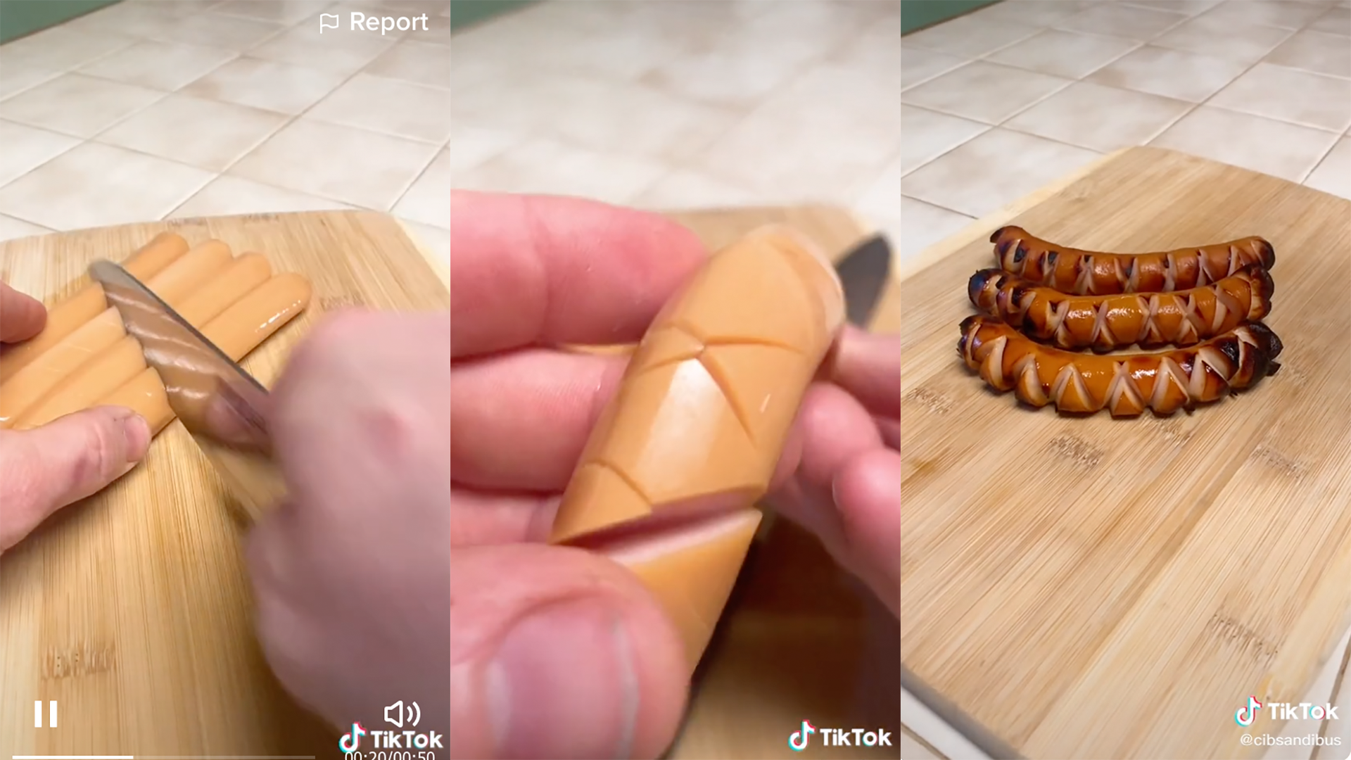 hot dogs being cut and cooked