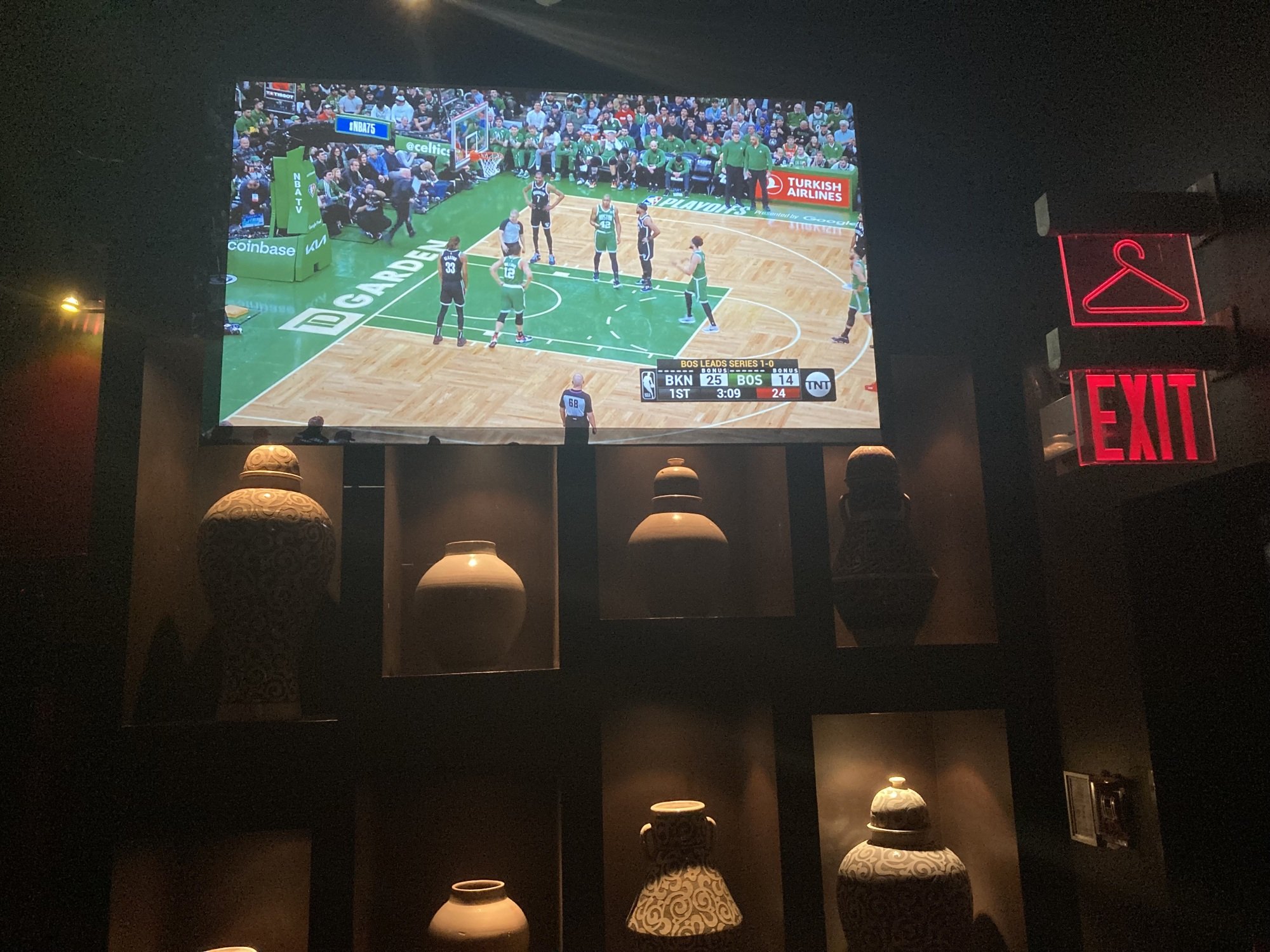 Nets-Celtics playoff game on TV at bar