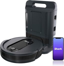 Shark AV1010AE IQ robot vacuum with extra-large self-emptying base and smartphone with Shark app