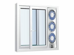 Window with white fan installed by the side