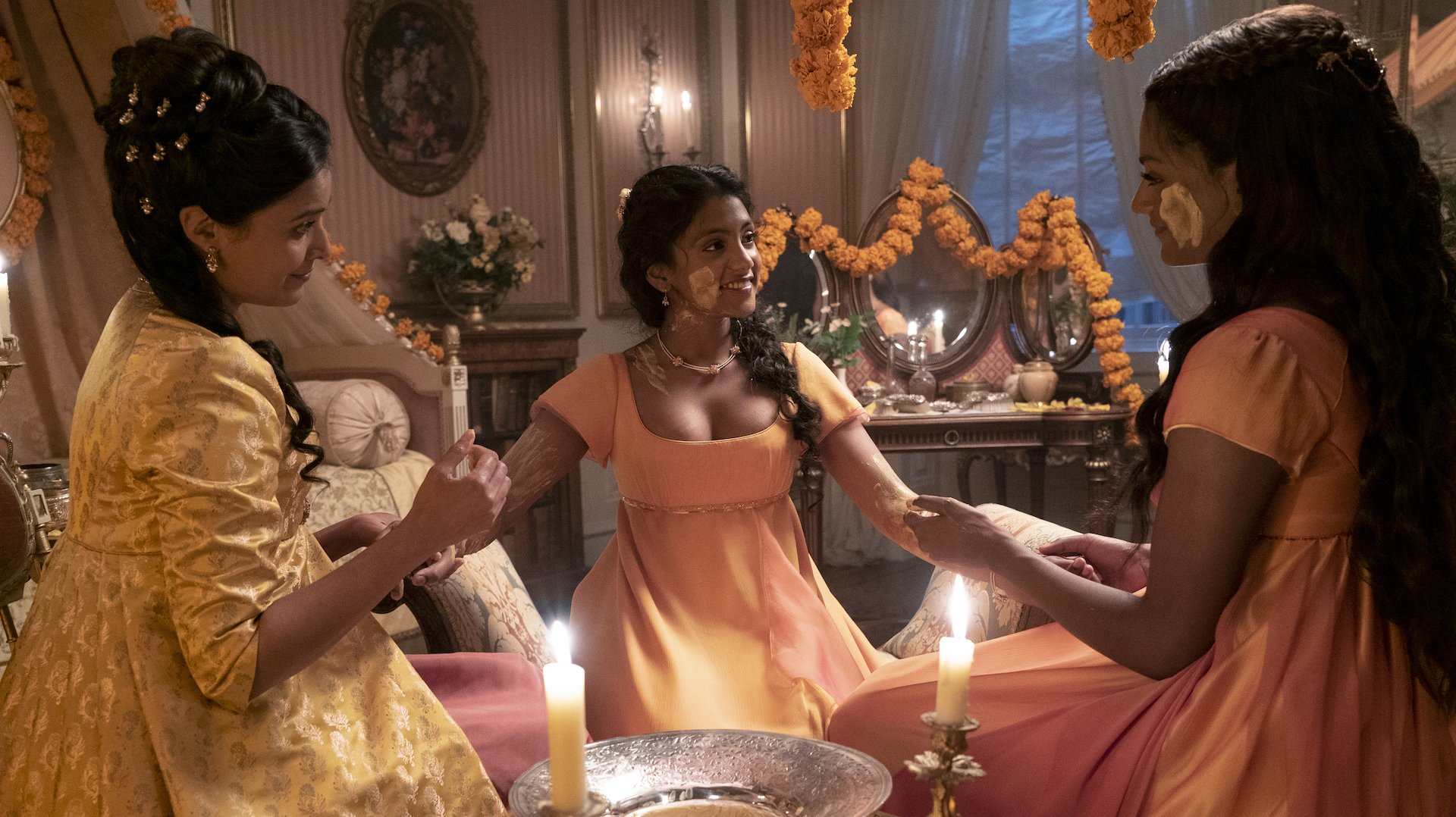 Shelley Conn as Mary Sharma, Charithra Chandran as Edwina Sharma, Simone Ashley as Kate Sharma in "Bridgerton"