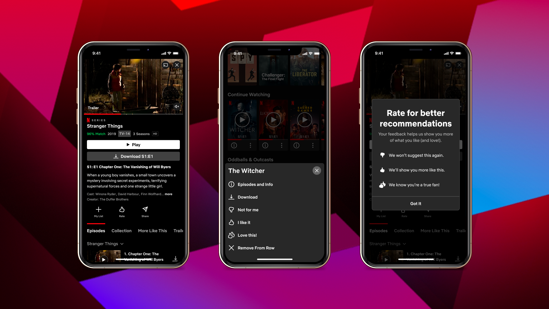 Screenshots of the Netflix app showing the "Two Thumbs Up" rating option.