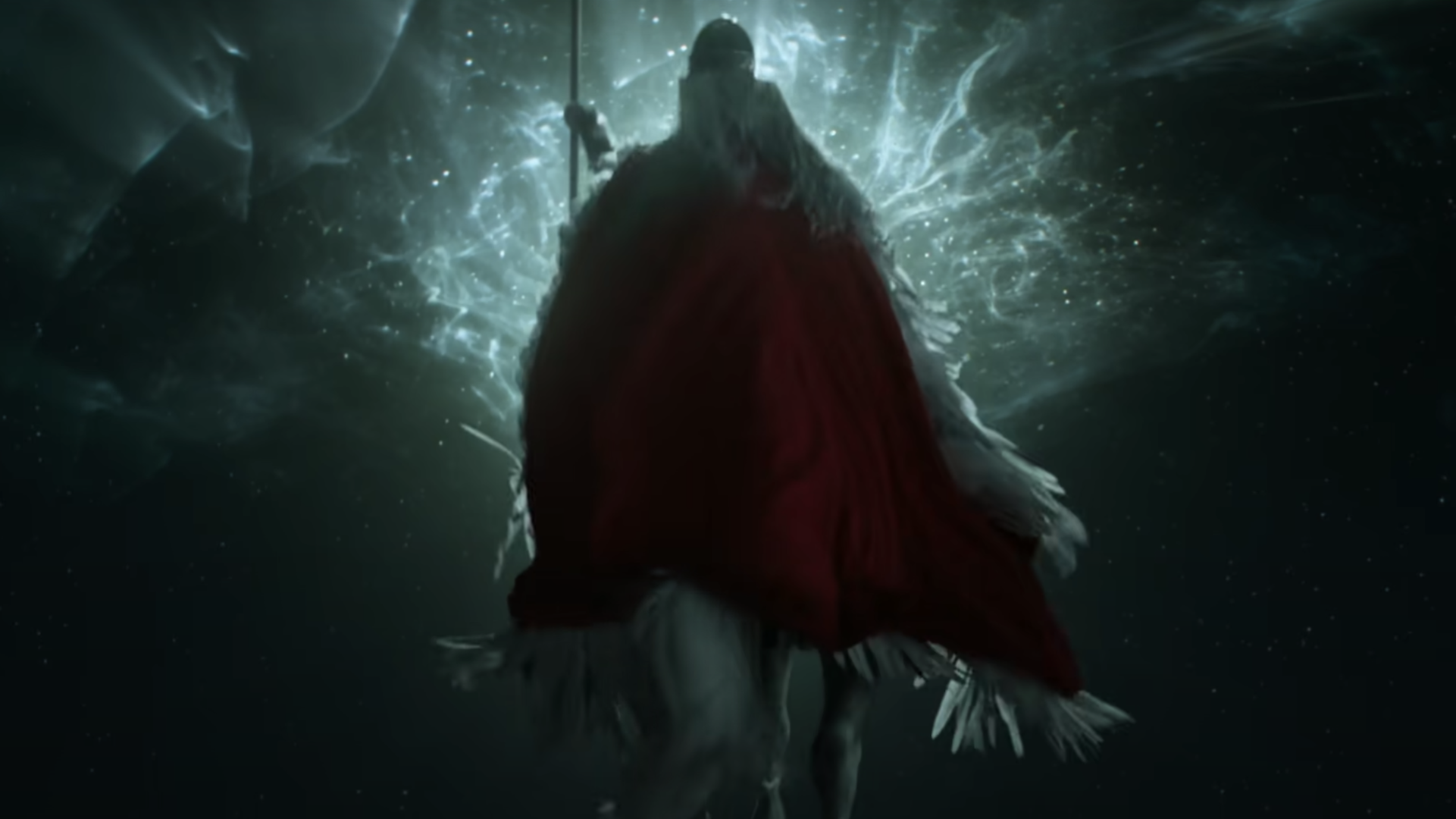 A Valkyrie is seen from the back, riding toward a light, in a cloak made of swan feathers.