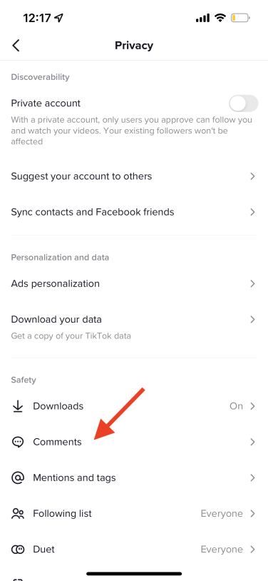 TikTok settings, with red arrow pointing to "Comments."