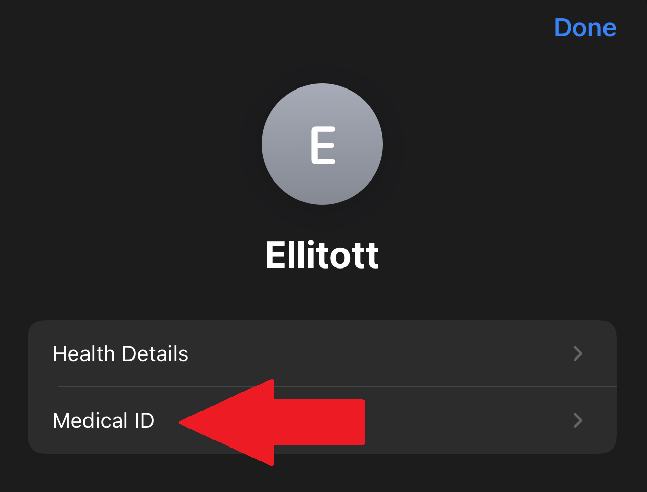 Arrow pointing to "Medical ID," through which you can edit settings
