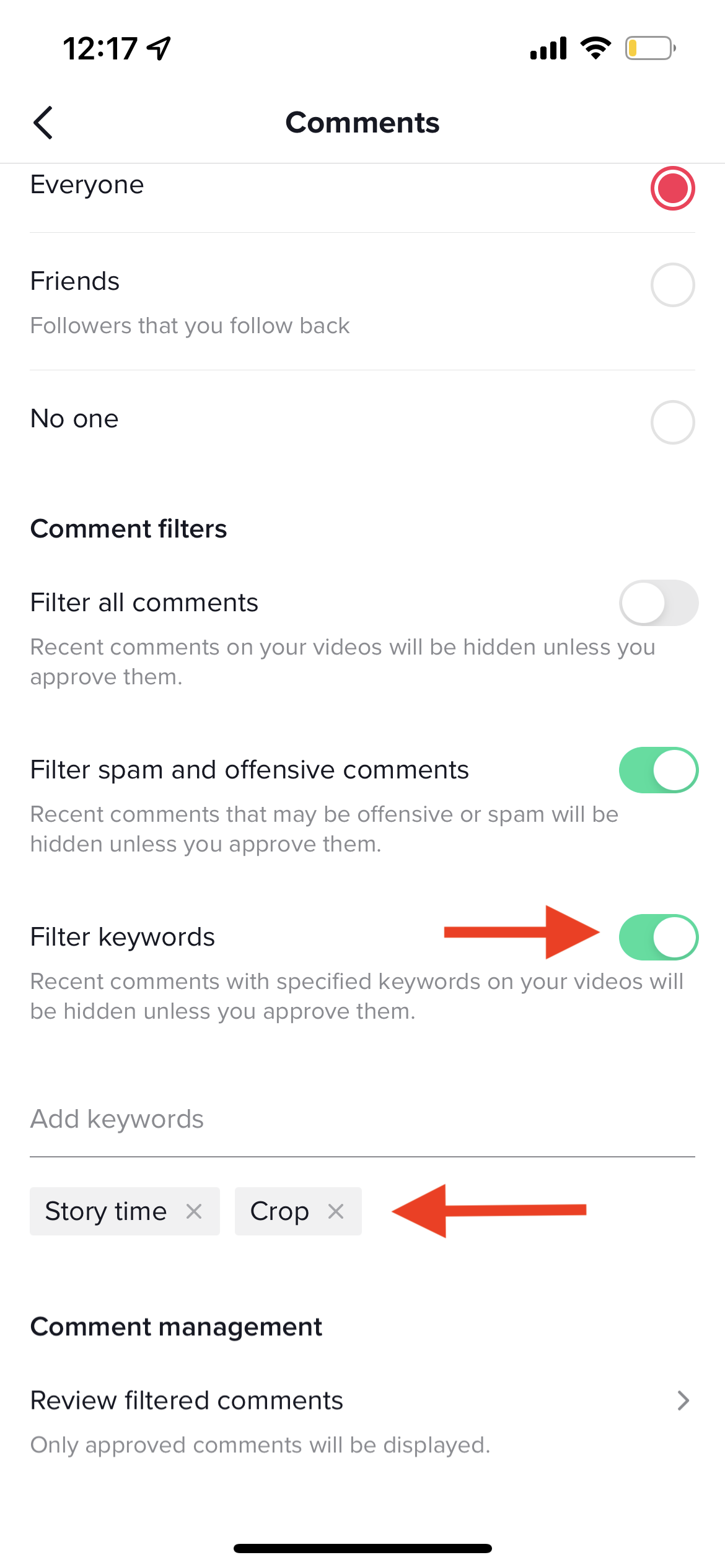 TikTok settings, with red arrows pointing to a toggle button next to "Filter keywords," and an area that says "Add keywords."