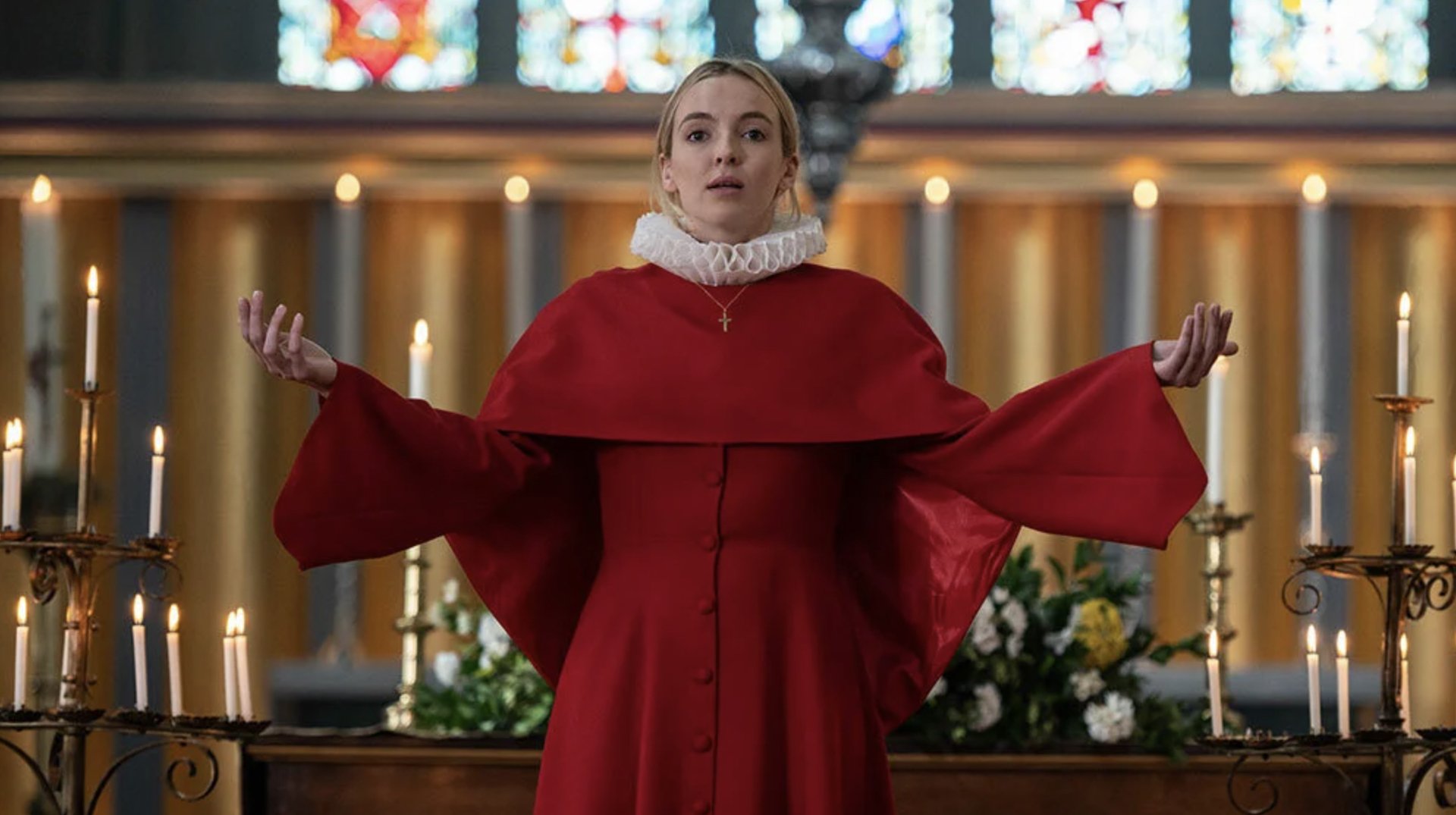 Jodie Comer as Villainelle in a church in "Killing Eve."