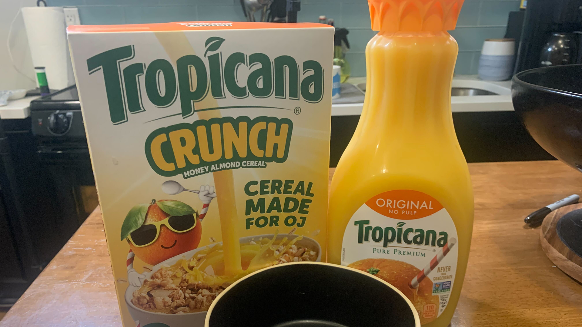 cereal box and orange juice