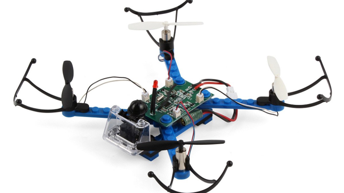 Blue put-together drone with wires
