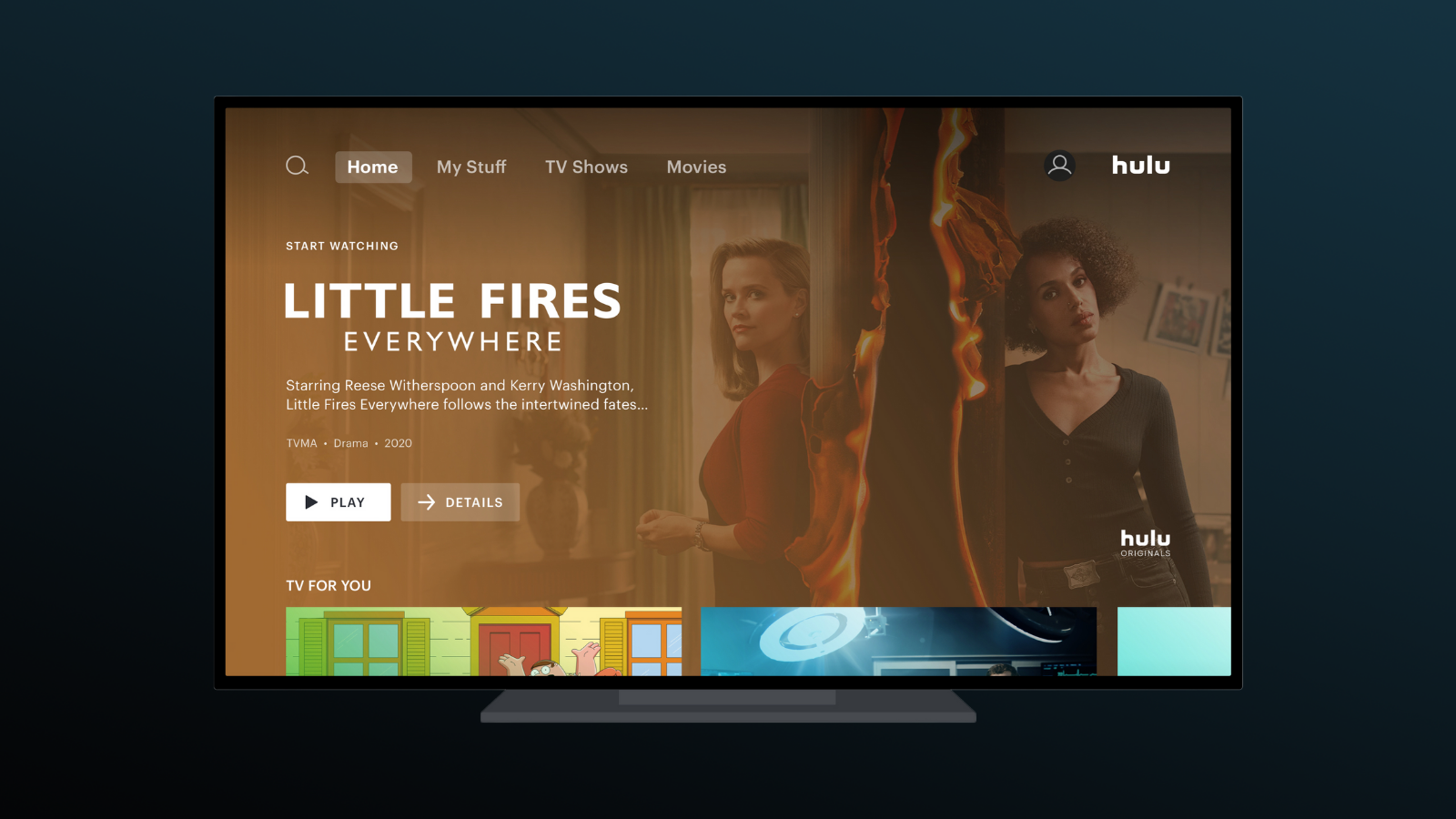 a tv displaying the hulu homepage against a dark blue gradient background
