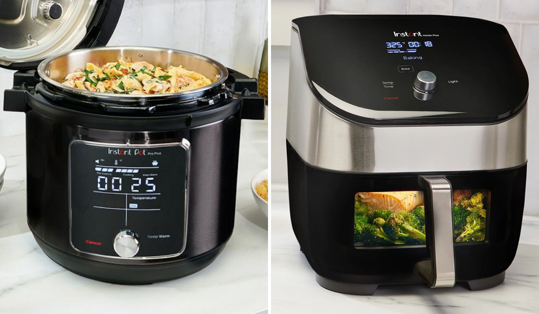 The Instant Pot Pro Plus pressure cooker and the Instant Vortex Plus air fryer side by side