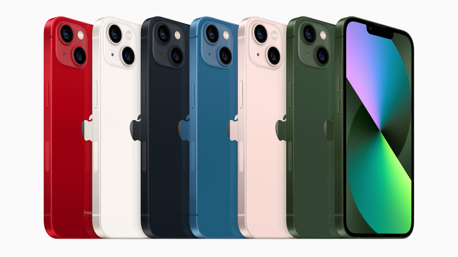 all colors of the apple iphone 13 lined up next to each other while facing backward, with a green iphone 13 facing forward at the front