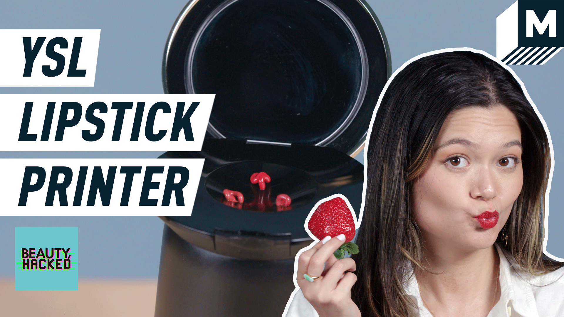 An image of Mashable tech reporter Jennimai Nguyen testing YSL's Rouge Sur Mesure lipstick maker.