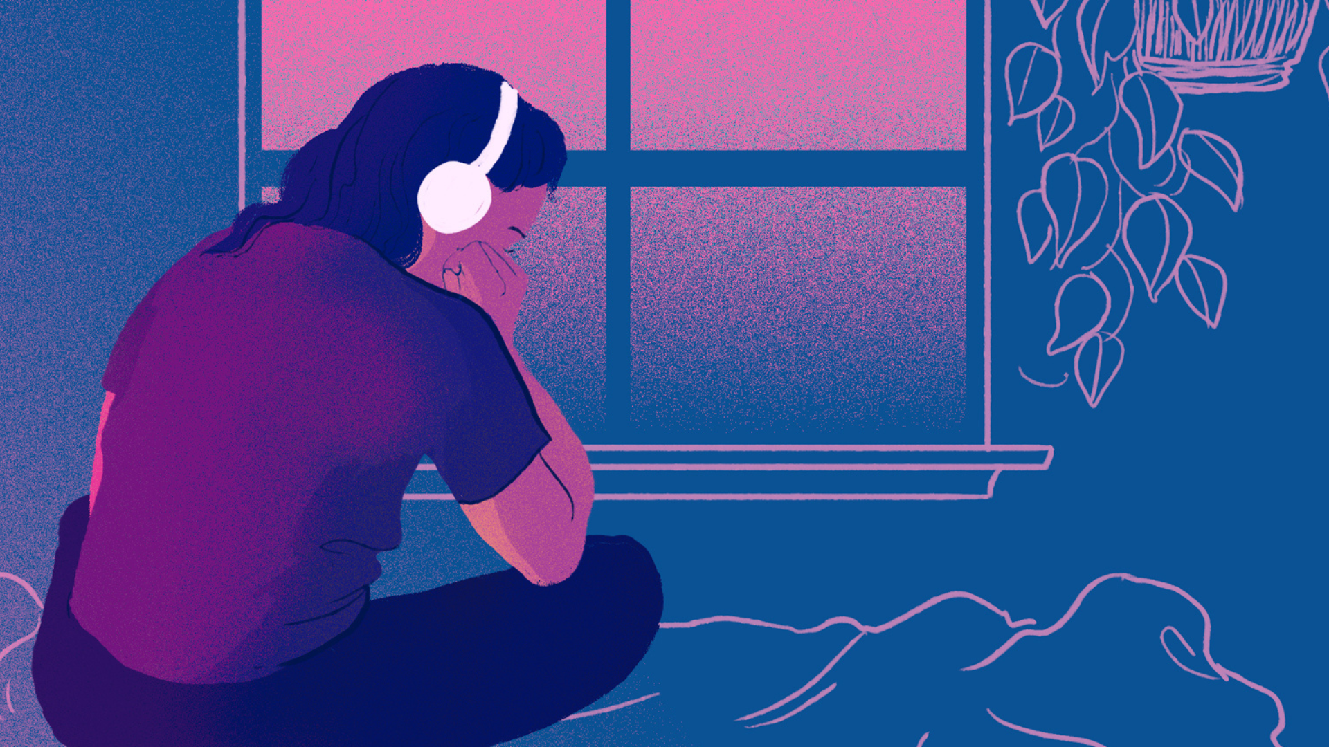 The figure of a woman wears a set of headphones. we see her from behind and sits on a bed in front of a blank window. Colors are dark blues, purples, and pinks.