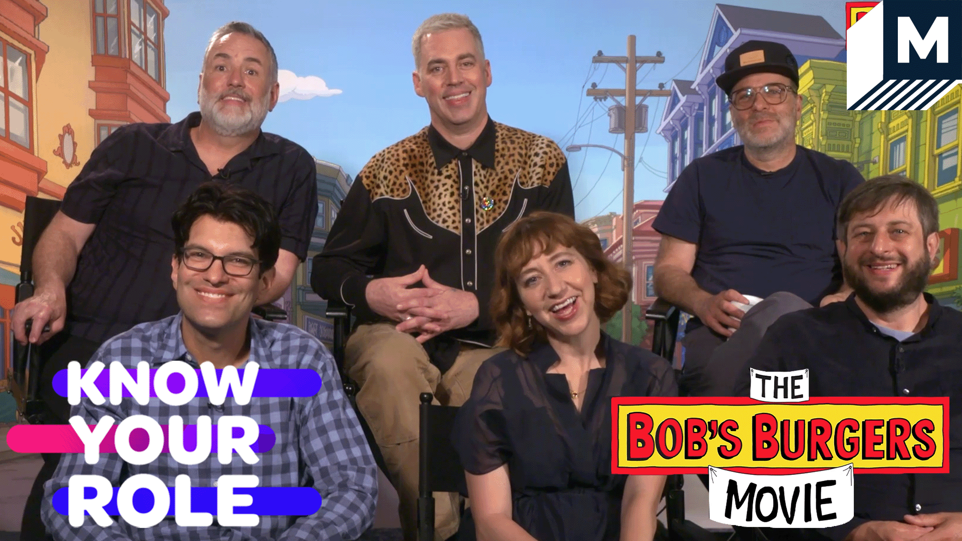 Bob's Burgers Cast smiling at the camera next to the title of The Bob's Burgers Movie and Know Your Role
