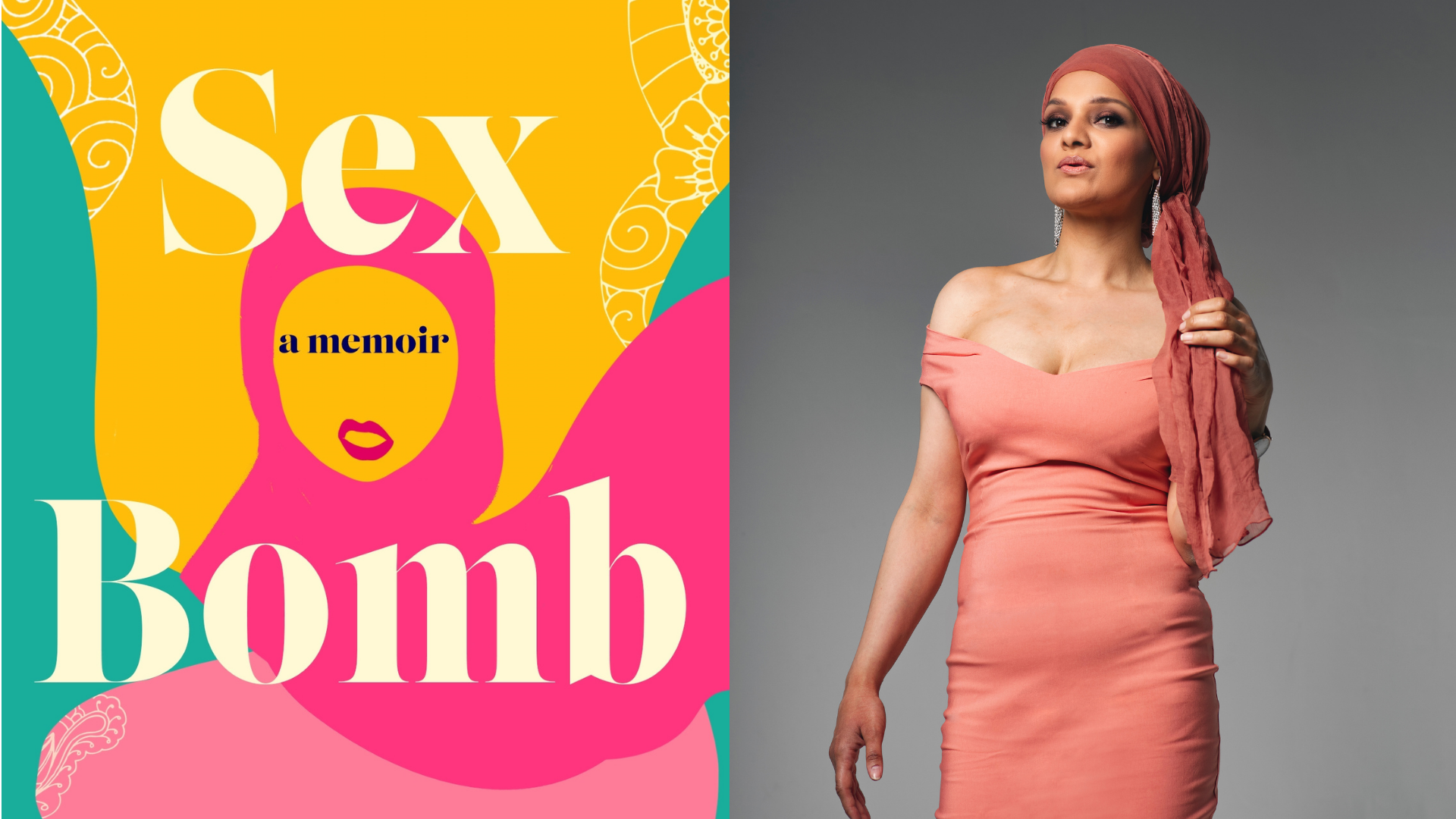 Composite of 'Sex Bomb' book cover and author headshot of Sadia Azmat 
