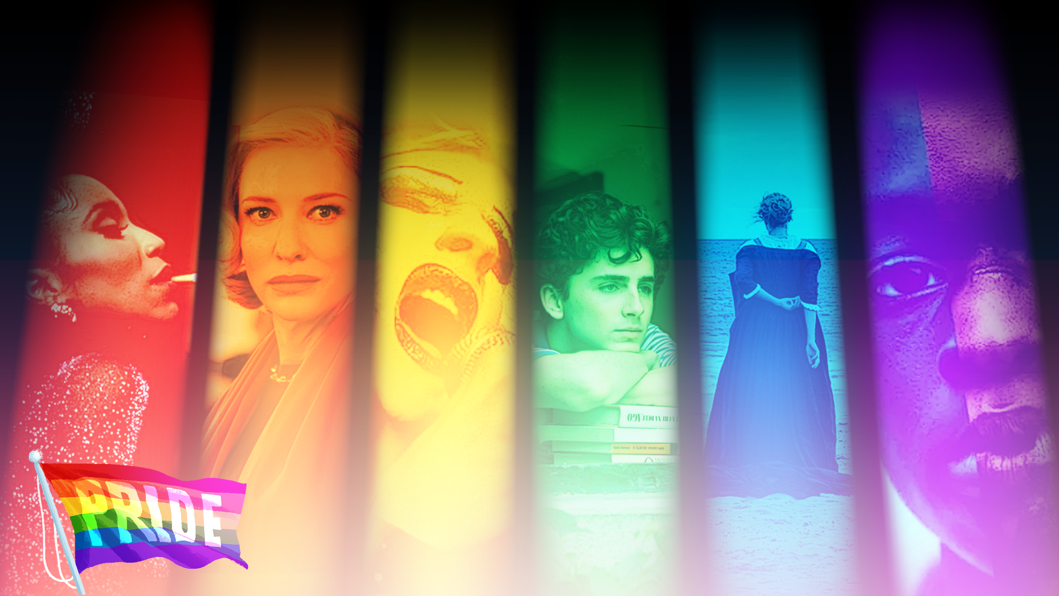 Composite image of LGBTQ movie characters