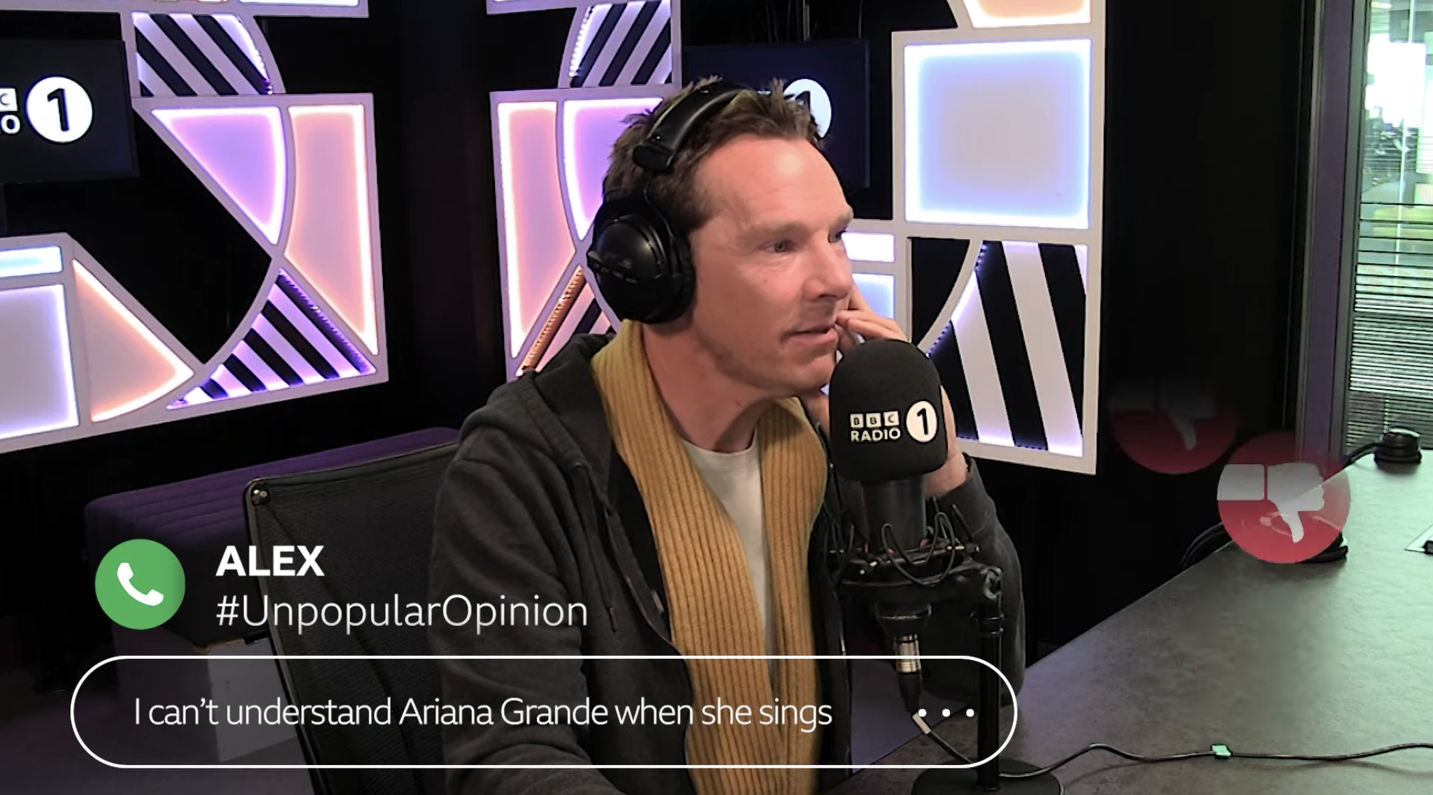 Benedict Cumberbatch at a radio show studio. Words at the bottom read: