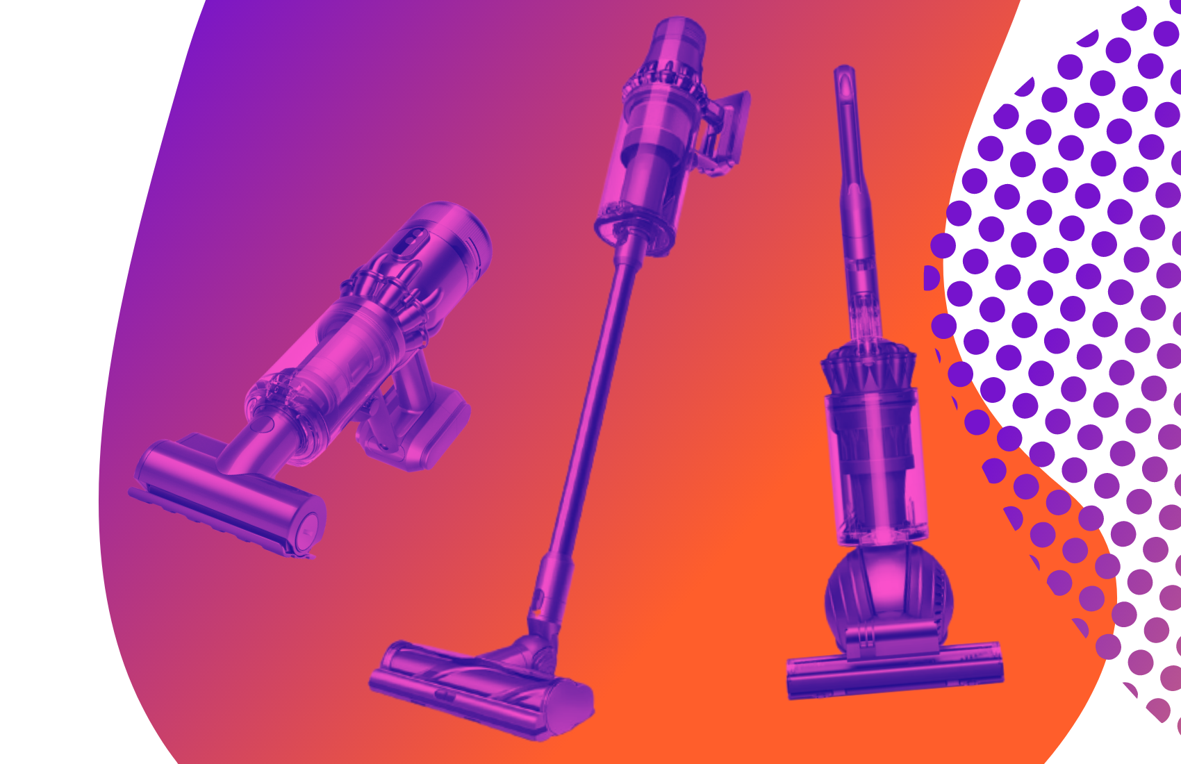 Dyson Humdinger, V11, and Ball Animal 2 vacuums with purple tint on colorful graphic design