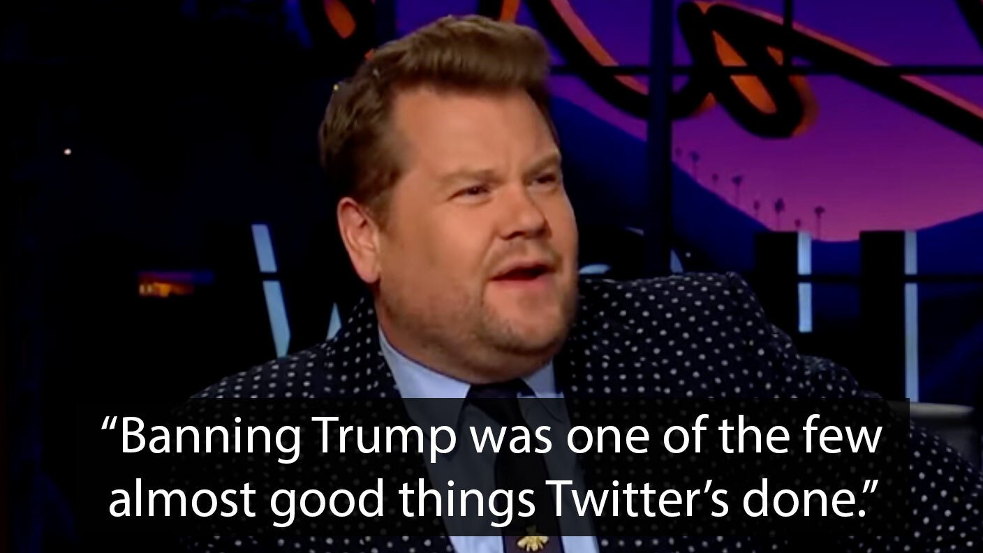 James Corden speaking about Elon Musk's decision to unban Trump on Twitter